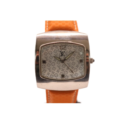 231 - Louis Vuitton of Paris Square faced wristwatch with curved case and removable padded orange strap. 3... 