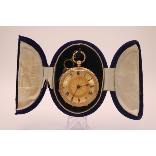 234 - 18K Gold Pocket watch with floral engraved Roman numeral dial, inside brightly cut case. 39mm in Dia... 