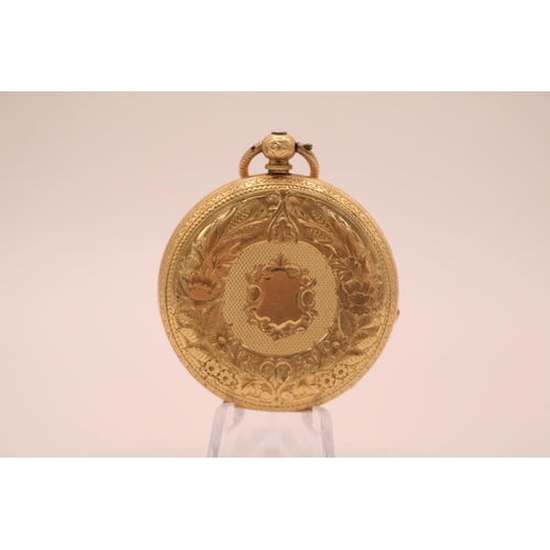 234 - 18K Gold Pocket watch with floral engraved Roman numeral dial, inside brightly cut case. 39mm in Dia... 