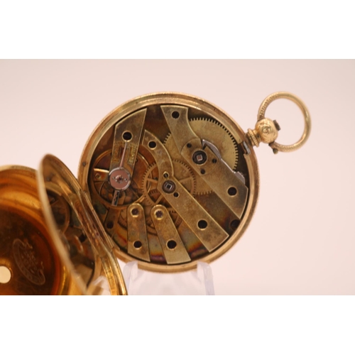 234 - 18K Gold Pocket watch with floral engraved Roman numeral dial, inside brightly cut case. 39mm in Dia... 