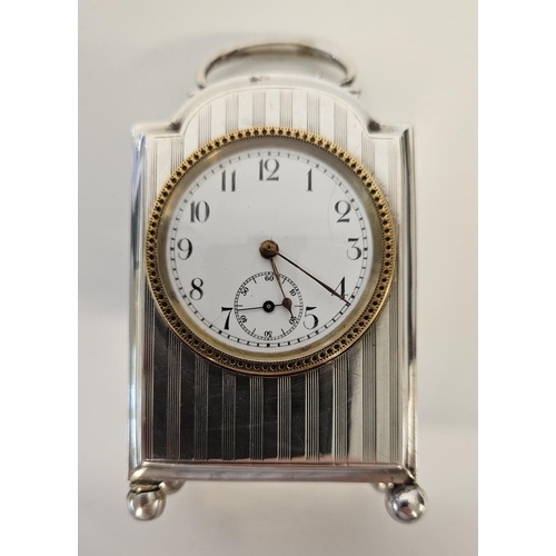 246 - Miniature Silver and enamel dial travelling clock Birmingham 1903 in good working order. 11cm in Hei... 