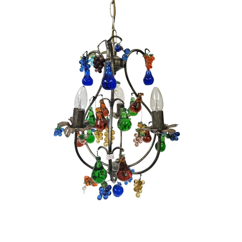 83 - Pair of Murano glass Pendant chandeliers. Scrolled arms decorated with grapes and fruit supported on... 