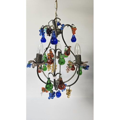 83 - Pair of Murano glass Pendant chandeliers. Scrolled arms decorated with grapes and fruit supported on... 