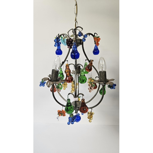 83 - Pair of Murano glass Pendant chandeliers. Scrolled arms decorated with grapes and fruit supported on... 