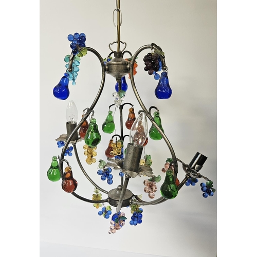 83 - Pair of Murano glass Pendant chandeliers. Scrolled arms decorated with grapes and fruit supported on... 