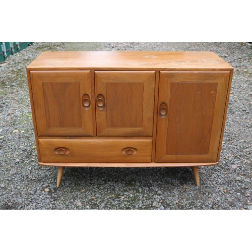 313 - Ercol Blonde Elm Mid Century Model 366 Sideboard with Beech Legs of 3 cupboards and Single Drawer. 1... 