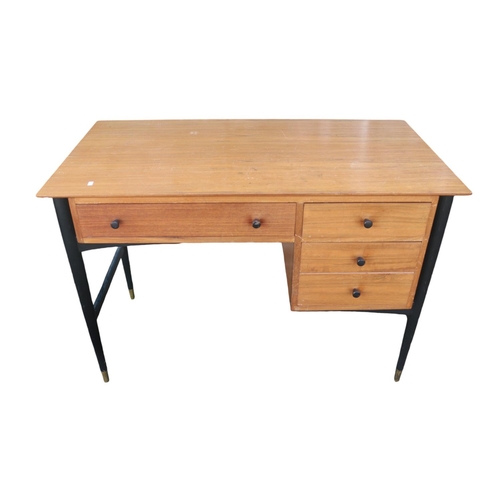 321 - Mid Century German desk with ebonised tapering legs of one long and three short drawers with turned ... 