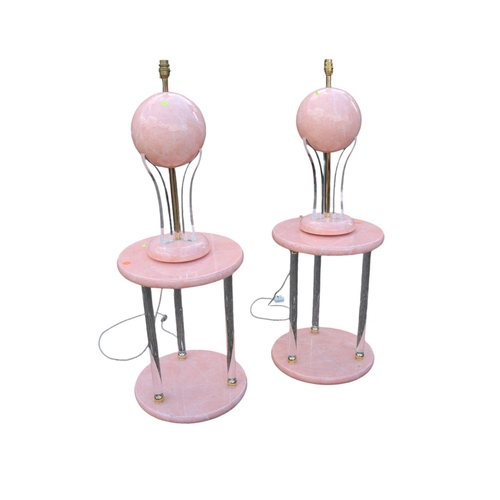 329 - Pair of Italian pink marble effect lunar lamps and matching tri supported cylindrical tables