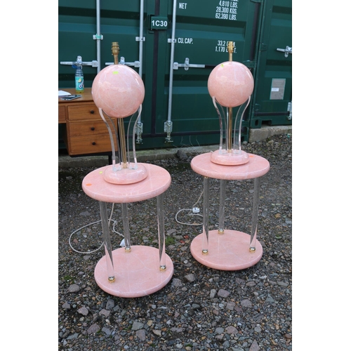 329 - Pair of Italian pink marble effect lunar lamps and matching tri supported cylindrical tables