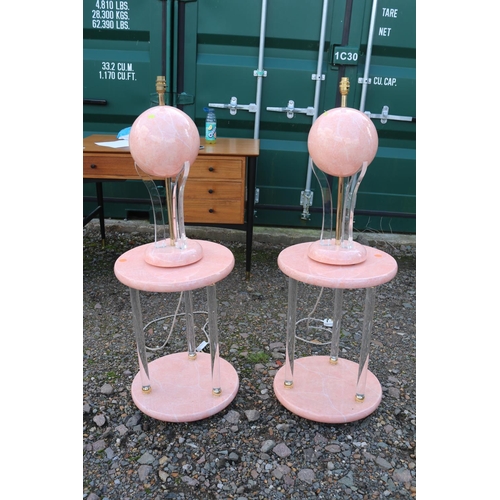 329 - Pair of Italian pink marble effect lunar lamps and matching tri supported cylindrical tables