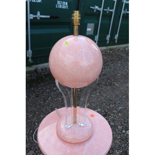 329 - Pair of Italian pink marble effect lunar lamps and matching tri supported cylindrical tables