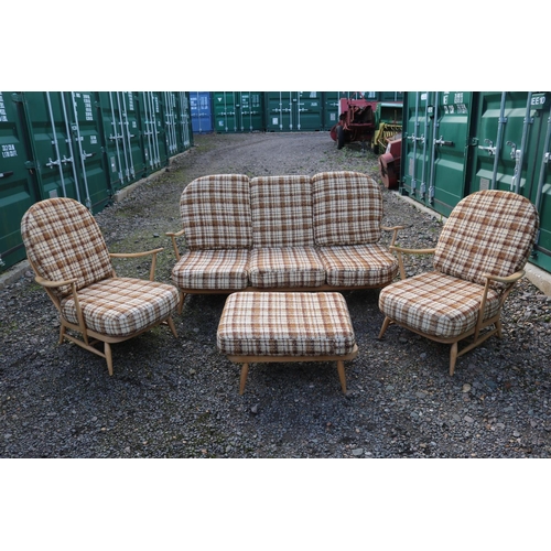 337 - Ercol Windsor Mid Century Elm Sofa Suite comprising of 3 seater sofa, 2 Elbow chairs and upholstered... 