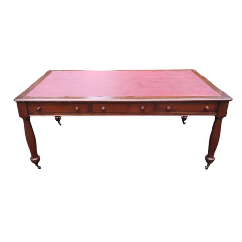 343 - Victorian Mahogany 3 Drawer Library table with inset red leather top, Faux drawers with turned legs ... 