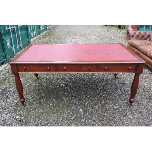 343 - Victorian Mahogany 3 Drawer Library table with inset red leather top, Faux drawers with turned legs ... 