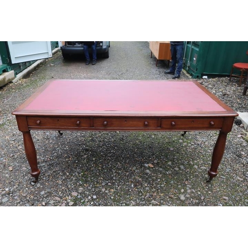 343 - Victorian Mahogany 3 Drawer Library table with inset red leather top, Faux drawers with turned legs ... 