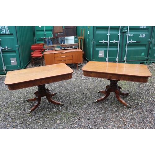 344 - Pair of Mid 19thC Mahogany D End tables with turned pedestal base and brass caster paw feet. 119cm i... 