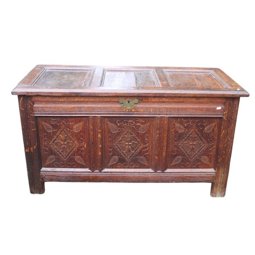 345 - Early 19thC Oak 3 Panel Coffer with carved frieze and Brass Escutcheon. 135cm in Length by 64cm in W... 