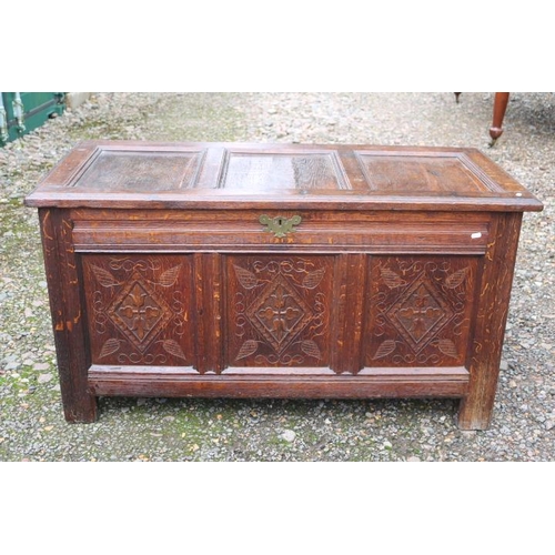 345 - Early 19thC Oak 3 Panel Coffer with carved frieze and Brass Escutcheon. 135cm in Length by 64cm in W... 