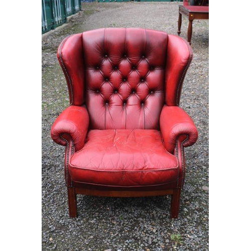 348 - 20thC Red Leather Chesterfield with brass button detail over straight leg. 102cm in Height by 102cm ... 