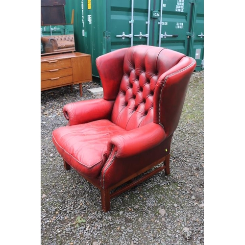 348 - 20thC Red Leather Chesterfield with brass button detail over straight leg. 102cm in Height by 102cm ... 