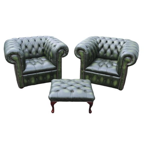 350 - Pair of Green Leather Chesterfield club armchairs with button back and brass studded decoration and ... 