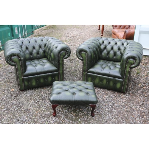 350 - Pair of Green Leather Chesterfield club armchairs with button back and brass studded decoration and ... 