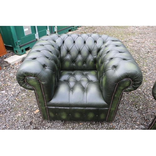 350 - Pair of Green Leather Chesterfield club armchairs with button back and brass studded decoration and ... 