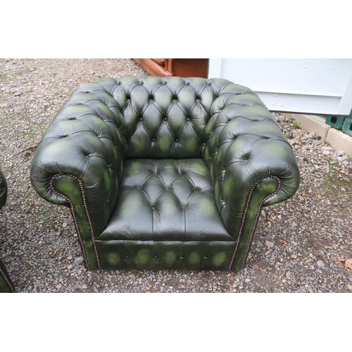 350 - Pair of Green Leather Chesterfield club armchairs with button back and brass studded decoration and ... 