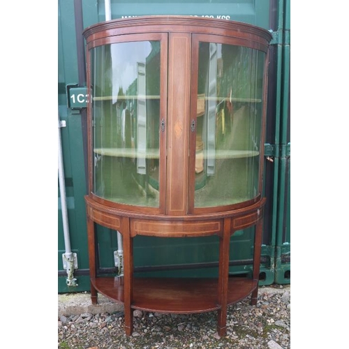 351 - Edwardian bow fronted Inlaid Mahogany cabinet over under tier and tapering legs. 166cm in Height by ... 