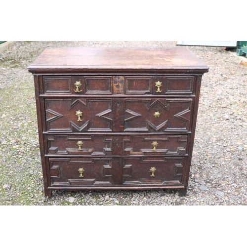 352 - 18thC Oak Chest of 4 Drawers with Geometric moulded applied decoration with brass drop handles. 97cm... 