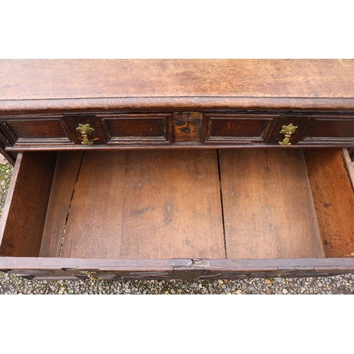 352 - 18thC Oak Chest of 4 Drawers with Geometric moulded applied decoration with brass drop handles. 97cm... 