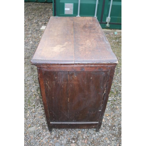 352 - 18thC Oak Chest of 4 Drawers with Geometric moulded applied decoration with brass drop handles. 97cm... 