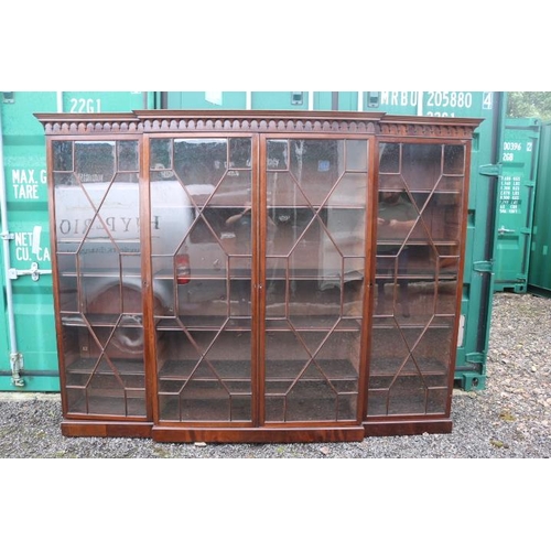 353 - Victorian Mahogany Breakfront Astragal glazed triple bookcase with moulded fretwork on stepped base.... 