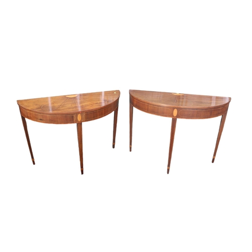 357 - Pair of Fine Edwardian Sheraton style Inlaid Mahogany D End tables on tapering legs. 104cm x 41cm x ... 