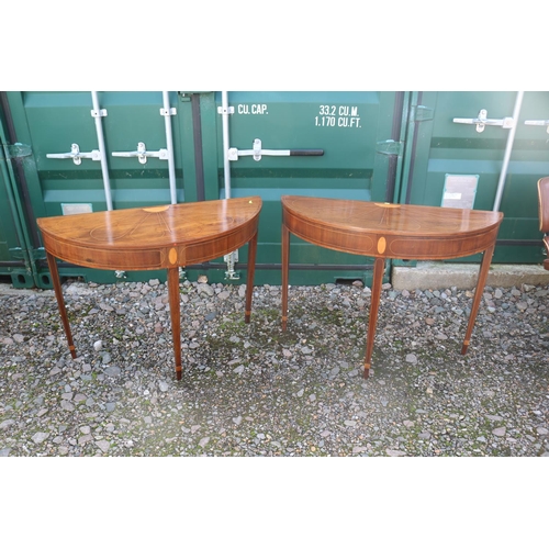 357 - Pair of Fine Edwardian Sheraton style Inlaid Mahogany D End tables on tapering legs. 104cm x 41cm x ... 