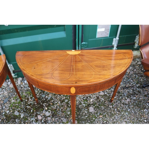 357 - Pair of Fine Edwardian Sheraton style Inlaid Mahogany D End tables on tapering legs. 104cm x 41cm x ... 