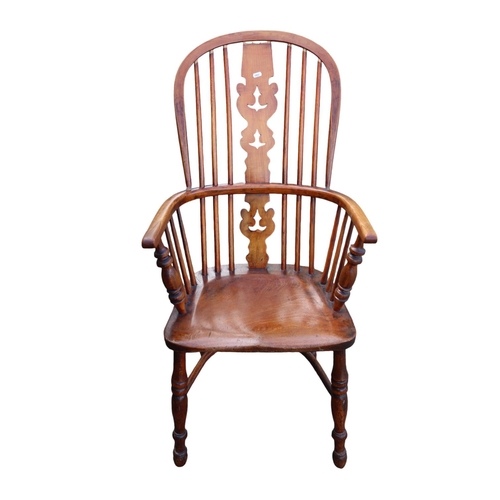 358 - Early 19thC Elm Country Windsor Elbow chair with carved back and turned supports