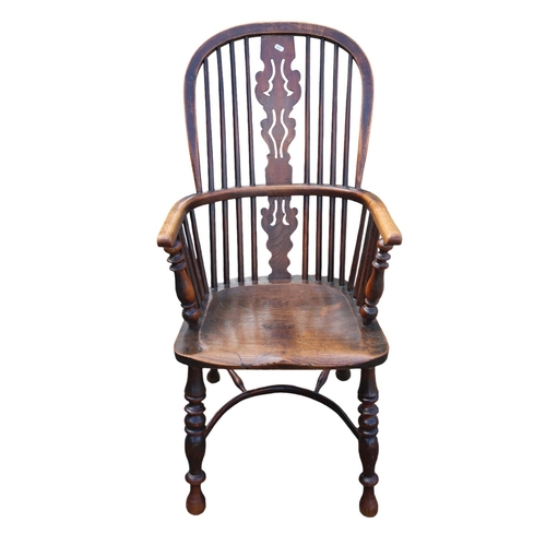 359 - 19thC Elm Country Windsor Elbow chair with carved back and turned supports and carved seat