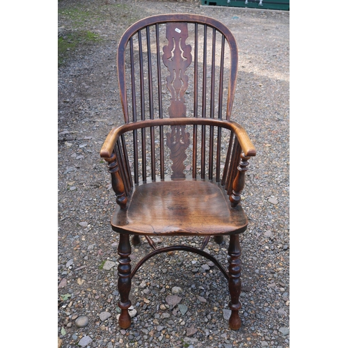 359 - 19thC Elm Country Windsor Elbow chair with carved back and turned supports and carved seat