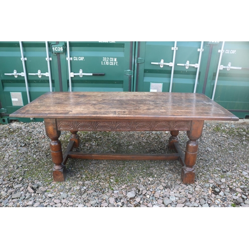 361 - 19thC Jacobian style Refectory table with plank top above carved frieze and 4 turned legs and straig... 