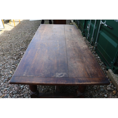 361 - 19thC Jacobian style Refectory table with plank top above carved frieze and 4 turned legs and straig... 