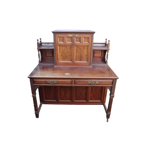 362 - Late 19thC Aesthetics movement Mahogany desk with pierced frieze gallery, Dentil moulding over fall ... 