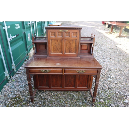 362 - Late 19thC Aesthetics movement Mahogany desk with pierced frieze gallery, Dentil moulding over fall ... 