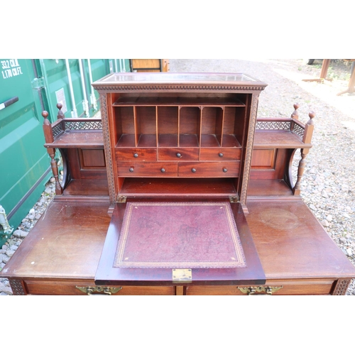 362 - Late 19thC Aesthetics movement Mahogany desk with pierced frieze gallery, Dentil moulding over fall ... 