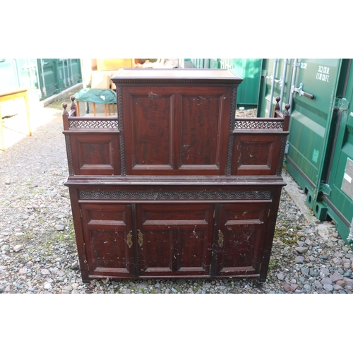 362 - Late 19thC Aesthetics movement Mahogany desk with pierced frieze gallery, Dentil moulding over fall ... 