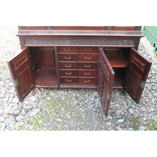 362 - Late 19thC Aesthetics movement Mahogany desk with pierced frieze gallery, Dentil moulding over fall ... 