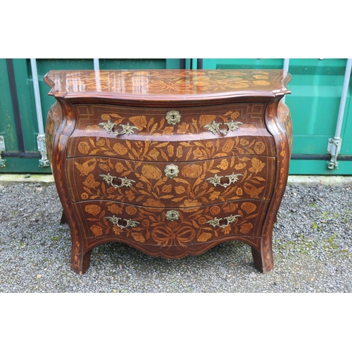 363 - Dutch Marquetry Period Inlaid Bombe chest of 3 drawers with gilt ormalu handles and escutcheons upon... 