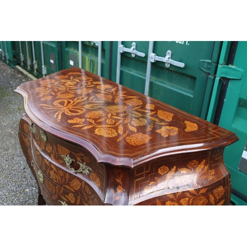 363 - Dutch Marquetry Period Inlaid Bombe chest of 3 drawers with gilt ormalu handles and escutcheons upon... 