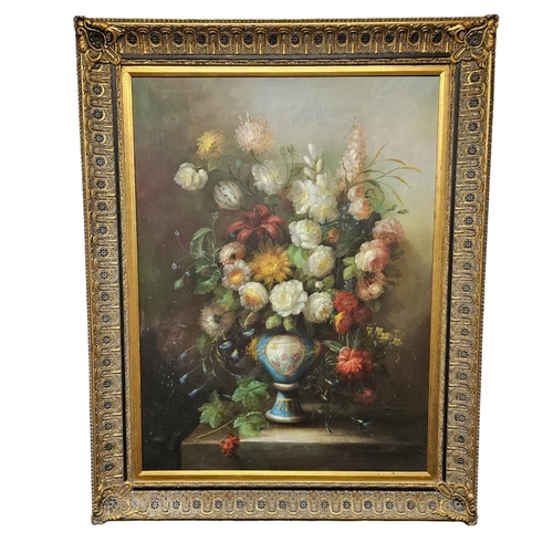 251 - Large Dutch School Oil on canvas Floral still life in Contemporary gilded frame, indistinctly signed... 