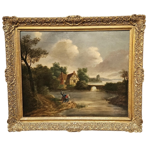 259 - Late 18thC Dutch School Oil on canvas depicting a Antwerp river with fishermen to foreground, unsign... 